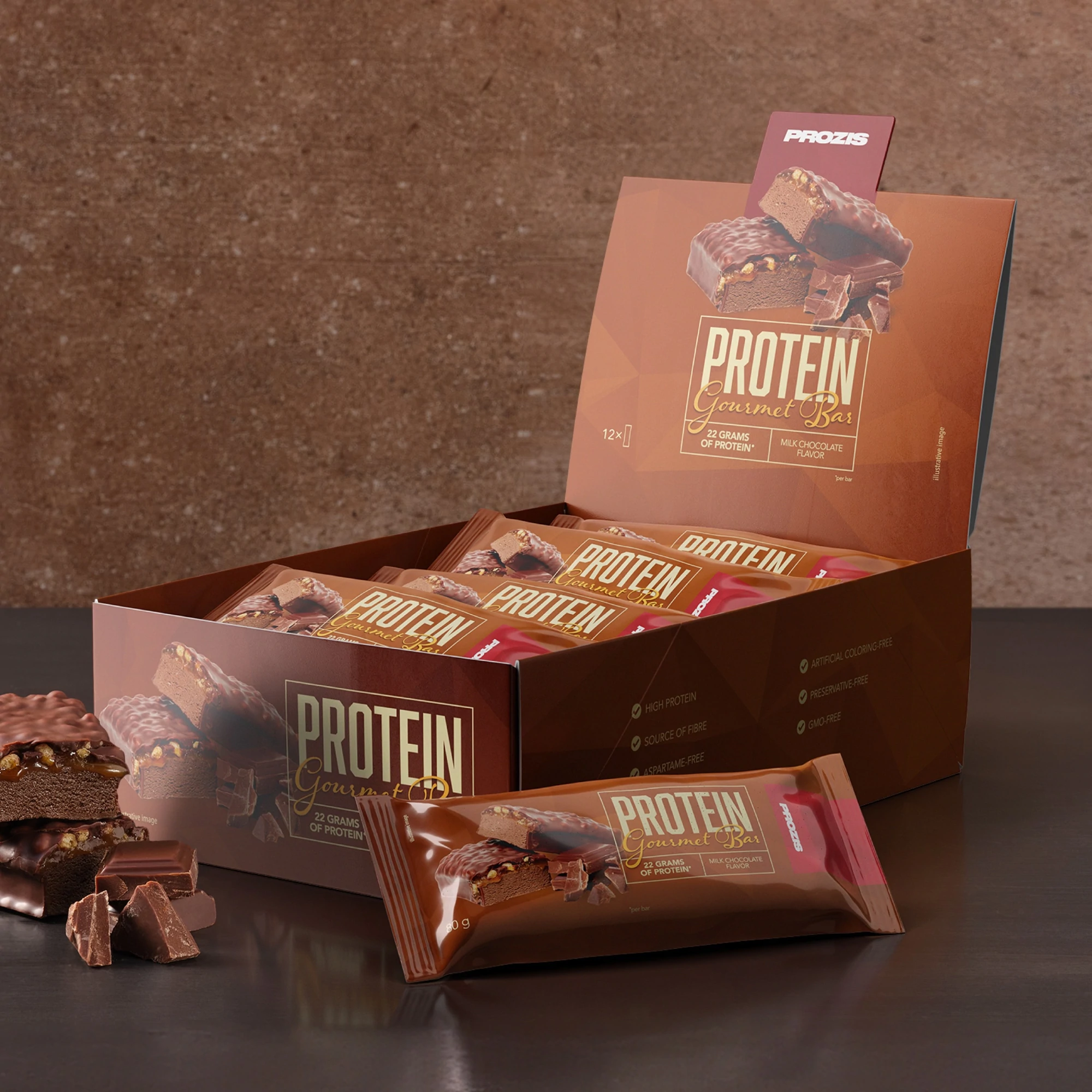Lot de 12 Protein Gourmet Bars Prozis parfum chocolat au lait
