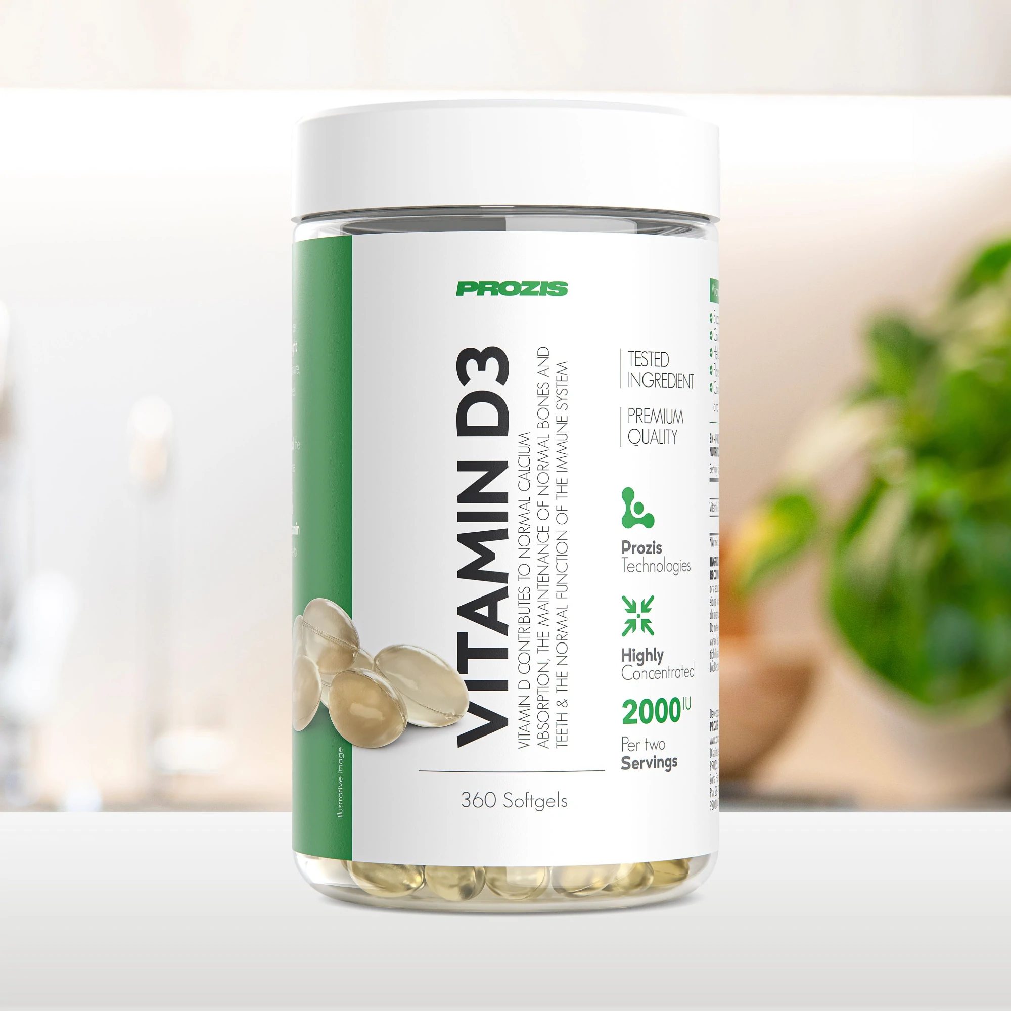 Flacon de vitamine D3 Prozis contenant 360 capsules molles