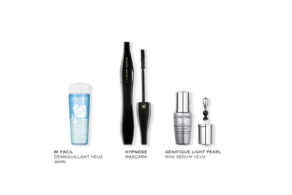 Lancôme Coffret Hypnôse détail produits Bi-Facil démaquillant 30ml Mascara Hypnôse Génifique Light Pearl mini sérum yeux