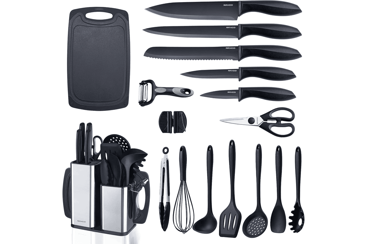 Raxco lot 18 pièces couteaux de cuisine avec bloc ustensiles set complet inox 39,99 € Amazon
