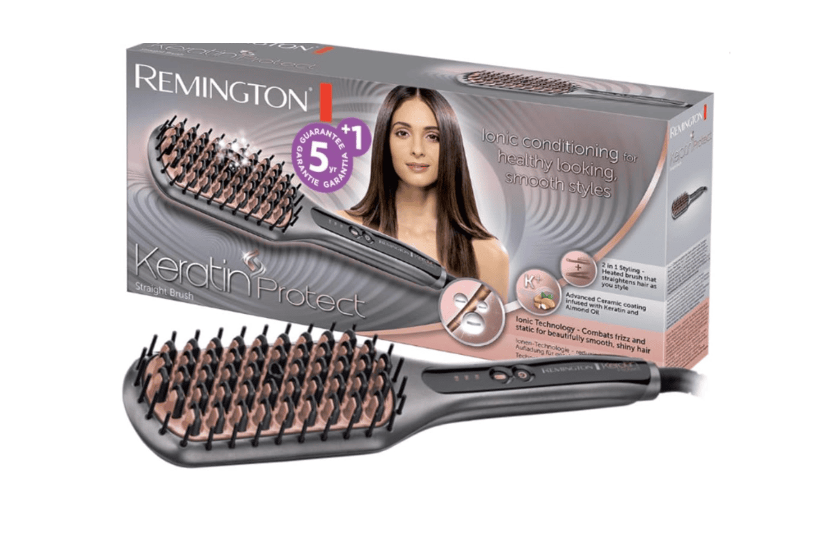 Remington brosse lissante Keratin Protect CB7480 5-en-1 noire et dorée packaging femme cheveux lisses revêtement céramique kératine huile amande 3 températures 150-230 °C ions