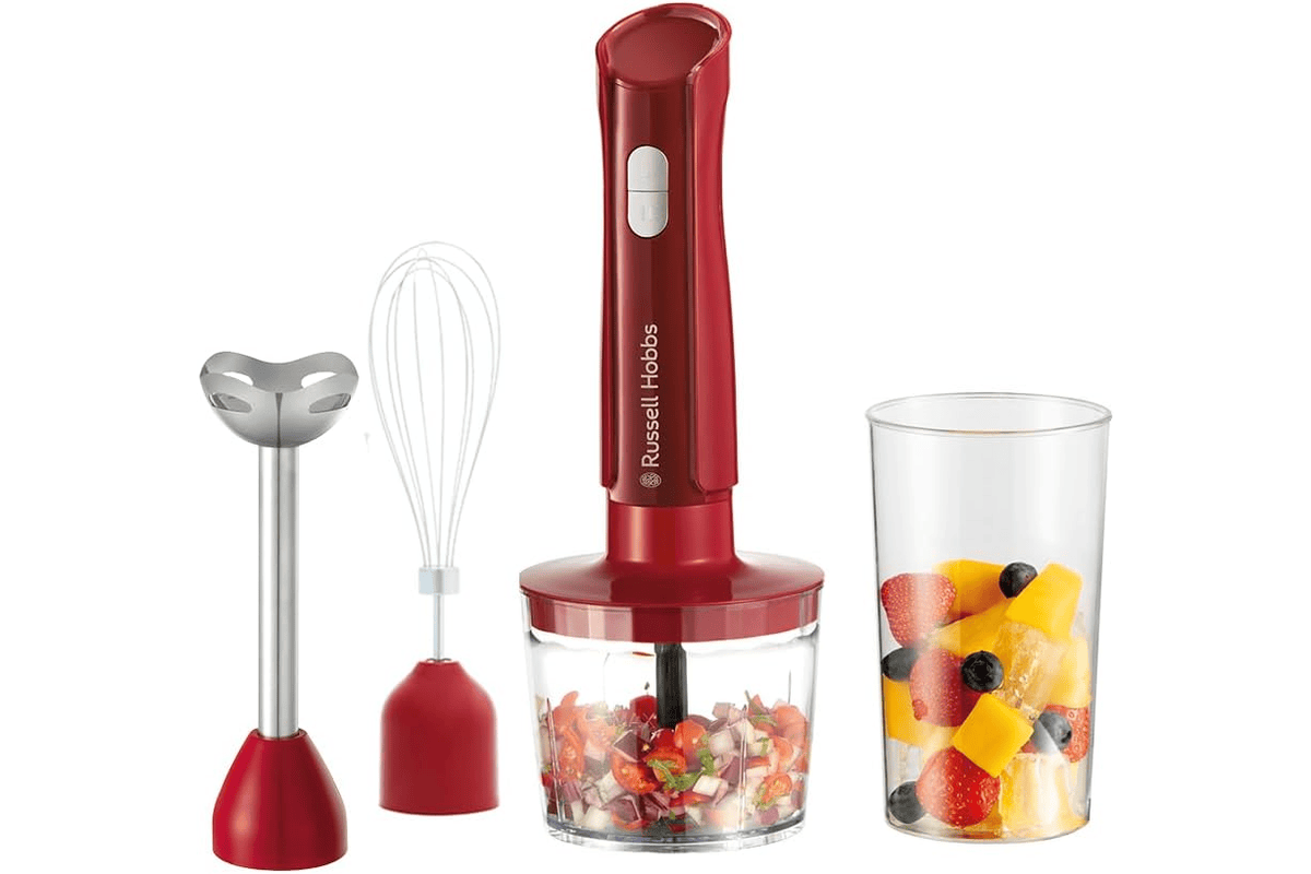 Russell Hobbs mixeur plongeant 3 en 1 mixeur fouet hachoir blender rouge bol 600ml smoothies soupes sauces dips lames acier