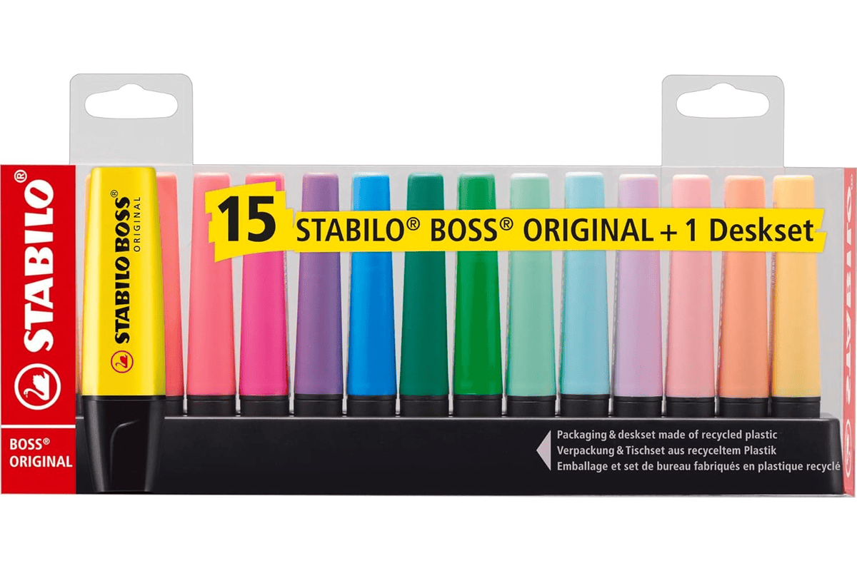 Stabilo Boss Original set bureau 15 surligneurs fluo et pastel assortis 10 € Amazon