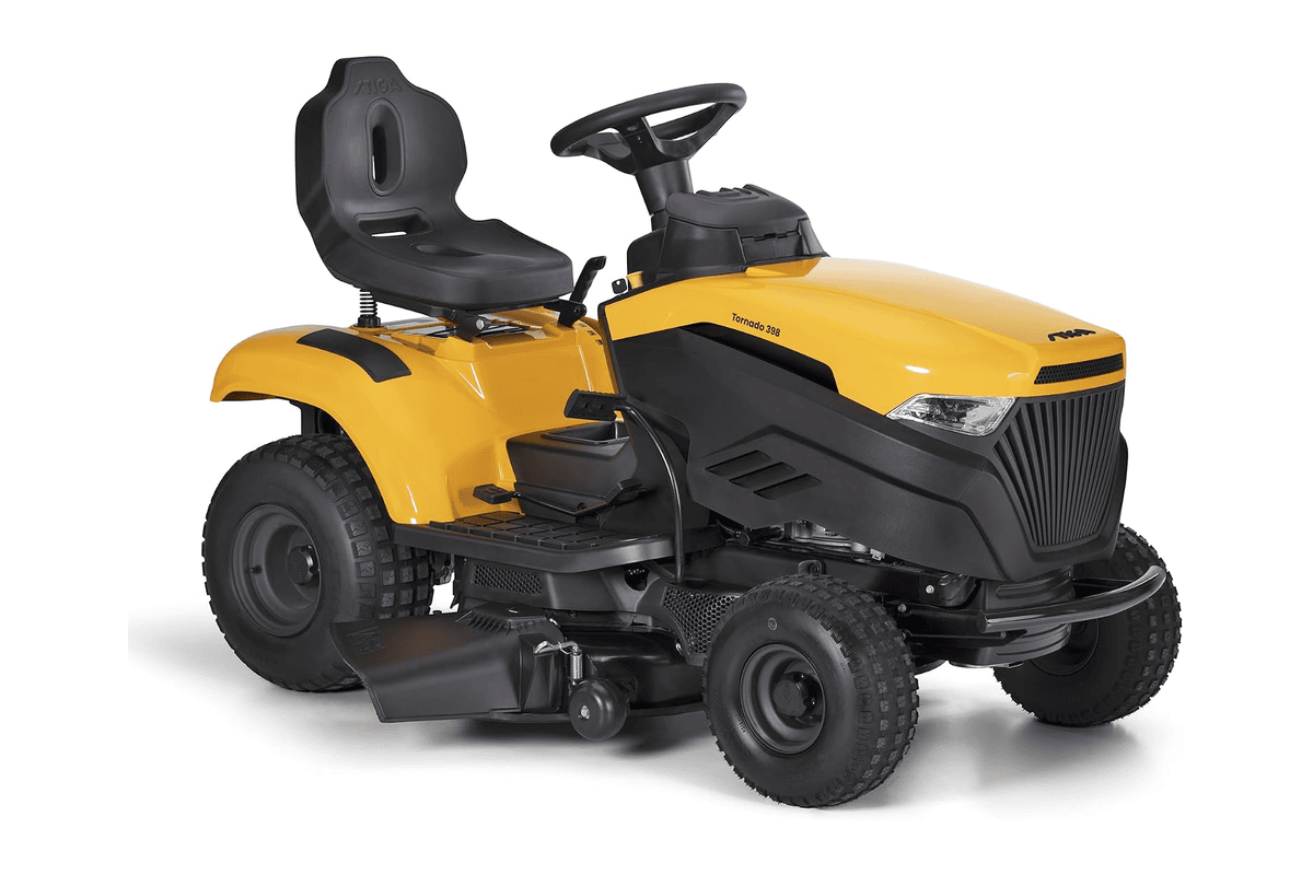STIGA Tornado 398 tracteur tondeuse autoporté essence jaune noir moteur 432cc coupe 98 cm jardins 5000 m2