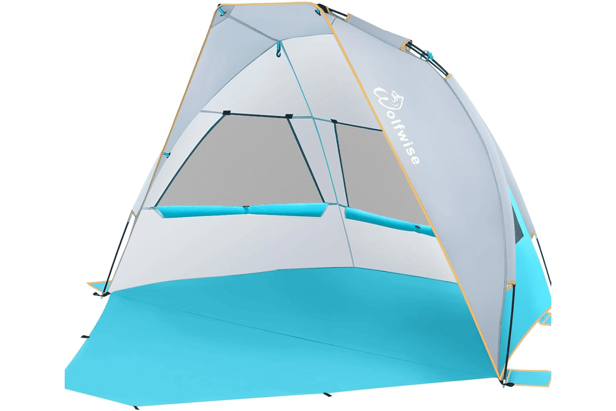 Tente de plage portable Wolfwise pop-up 3 personnes patin extension protection solaire UPF 50+ montage 5 secondes