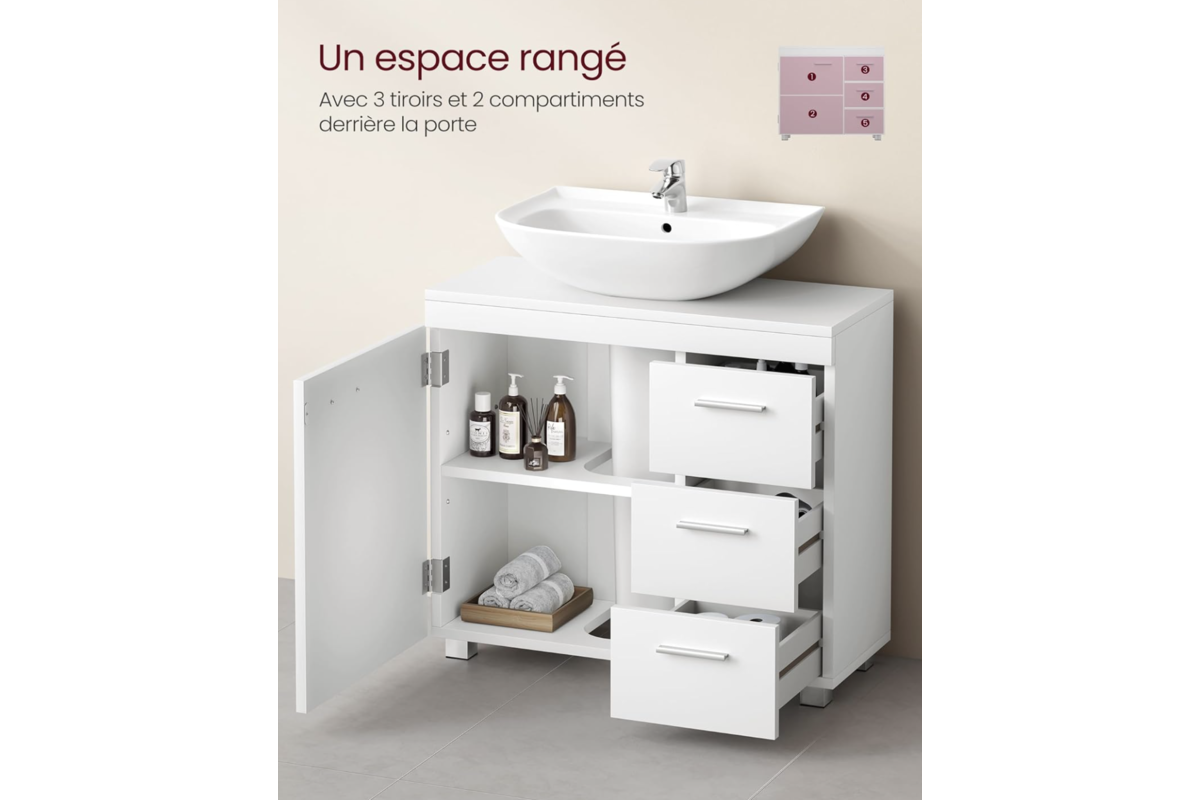 Vasagle Meuble sous Lavabo : 3 tiroirs et 2 compartiments pour tout ranger