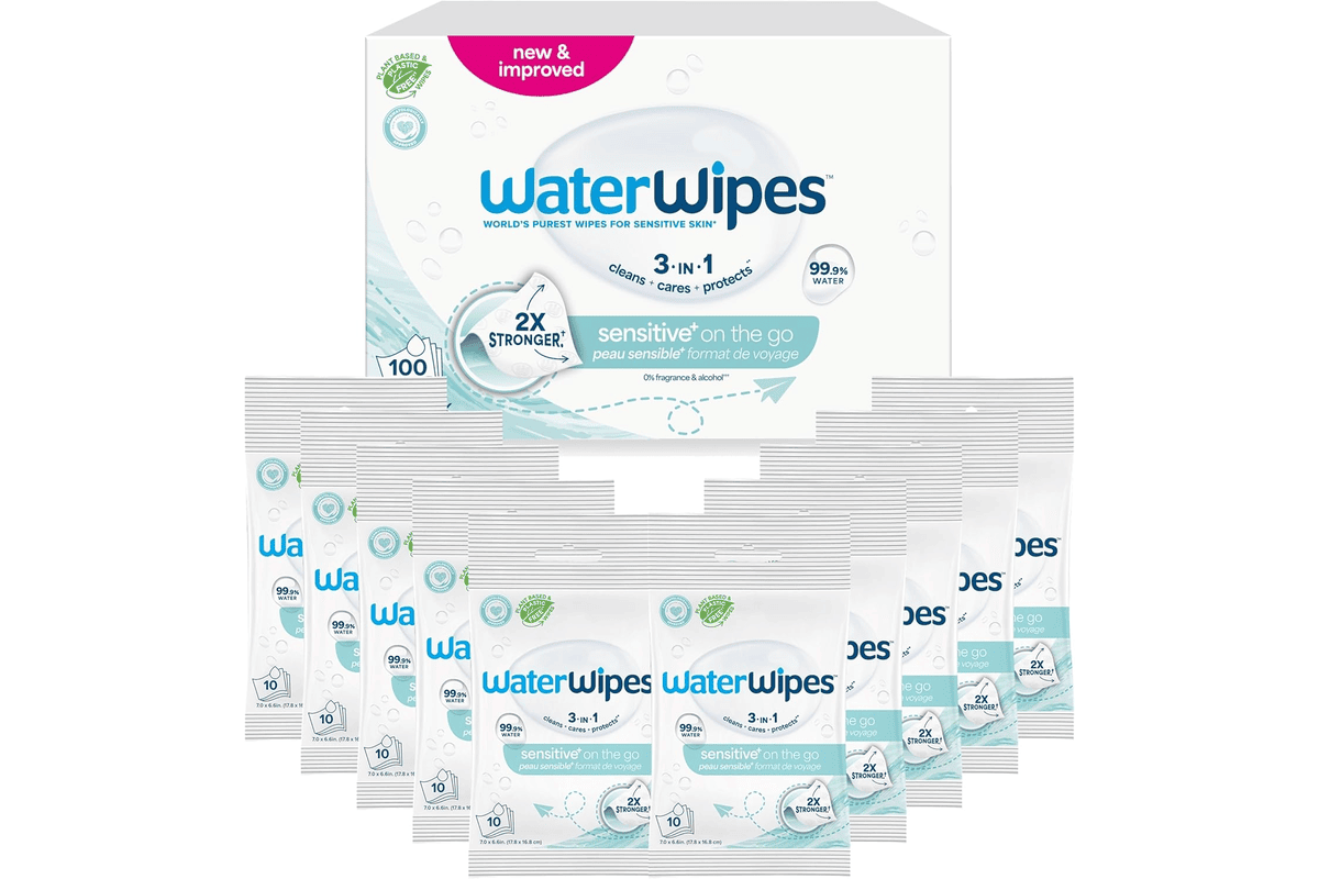 WaterWipes Sensitive+ On The Go Wipes lingettes 100 unités 10 paquets 3 en 1 nettoie soigne protège 99,9% d'eau 11,62 € Amazon