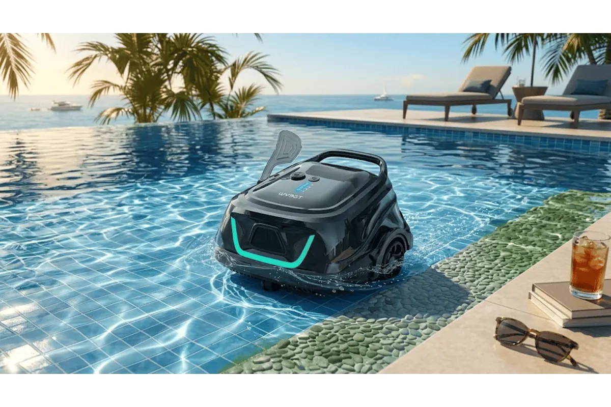 WYBOT A1 robot piscine sans fil noir néon turquoise dans piscine paradisiaque palmiers transat boissons fraîches double filtration nettoyage bords brevet 100 m²