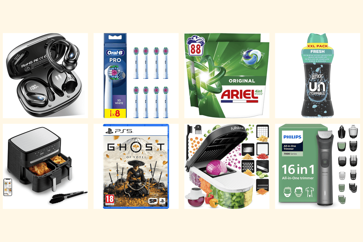 Bons plans Amazon 2 juin 2026 montage 8 deals écouteurs Oral-B Ariel Lenor Moulinex PS5 Fullstar Philips fond crème