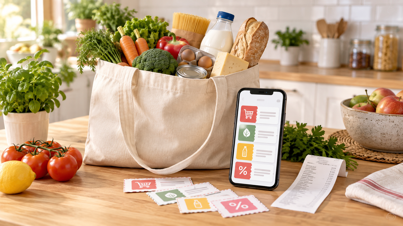 Sac de courses, coupons de réduction et application de remboursement sur un smartphone