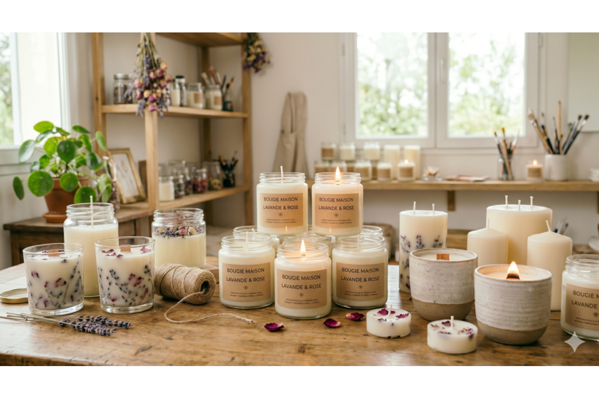Collection de bougies parfumées maison DIY dans pots en verre avec étiquettes lavande rose