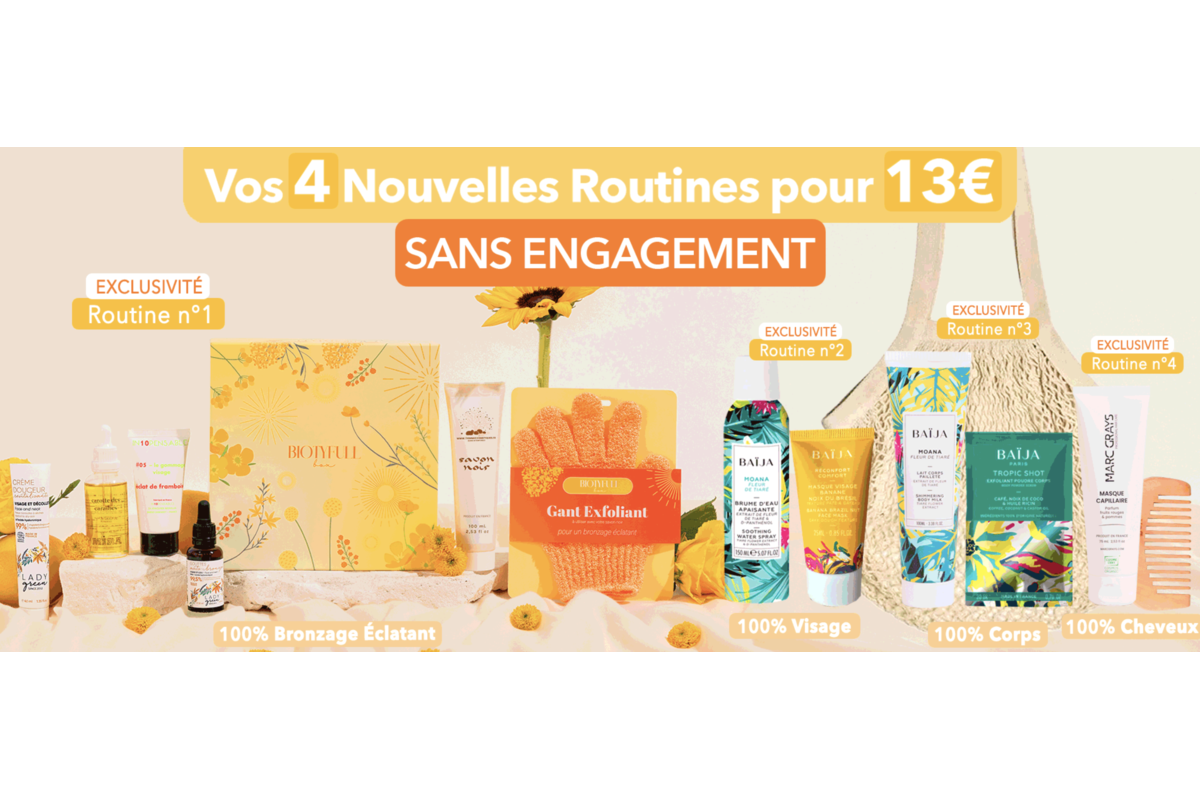 Biotyfull Box mai 2026 4 routines Bronzage Éclatant Baïja 12 produits valeur 164 euros pour 13 euros