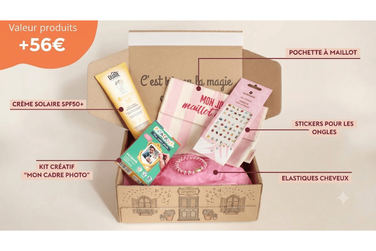 Box Mademoiselle Confettis juin 2026 Ma valise été crème solaire OUATE Paris stickers ongles Nailmatic Kids pochette maillot rayée rose élastiques cheveux kit créatif cadre photo Patacréer valeur 56 euros enfant fille