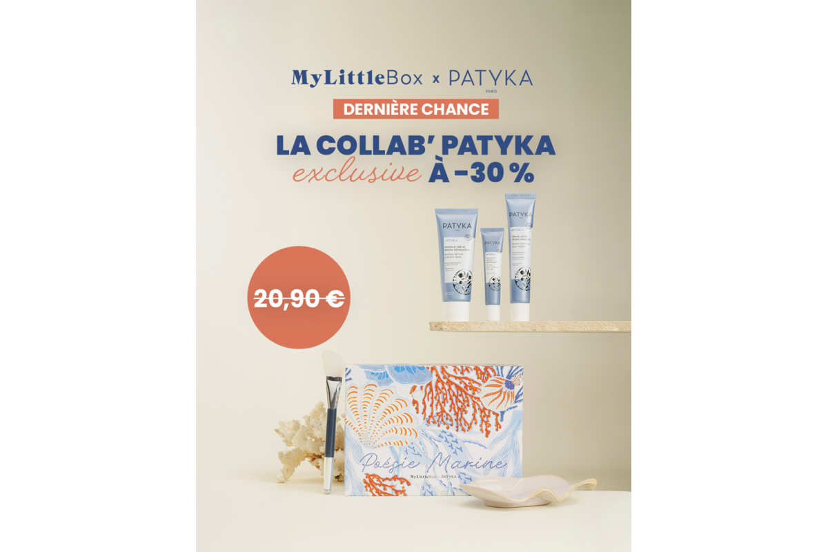 My Little Box mai 2026 x Patyka 3 soins visage gamme Hydra masque crème gel yeux pinceau porte-savon