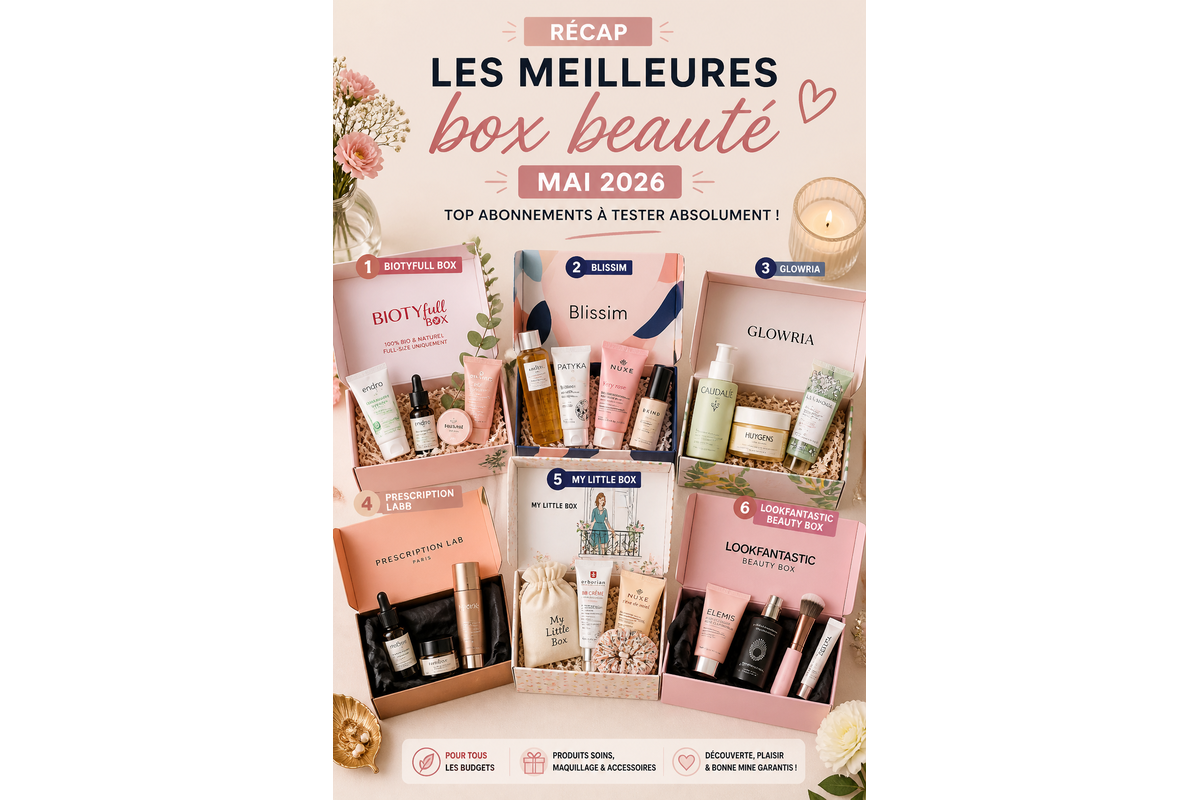 Récap meilleures box beauté mai 2026 Glowria Blissim Lookfantastic My Little Box Prescription Lab Mademoiselle Bio Laromabox comparatif