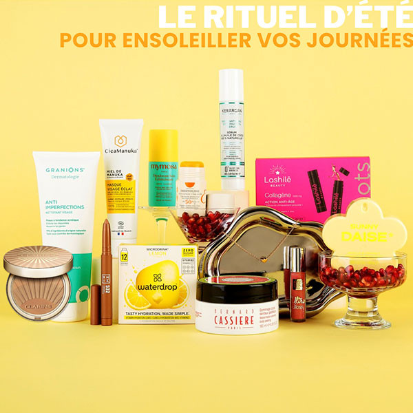 Box Cosmopolitan Summer Édition 13 produits beauté été fond jaune ensoleillé poudre bronzante Clarins nettoyant Granions anti-imperfections masque CicaManuka miel de Manuka déodorant Mymosa stick solaire Embryolisse SPF50 plus boîte Lashilé Beauty collagène crayon 3INA Eye Stick pastilles Waterdrop citron pot gommage Bernard Cassière pastèque gloss Miss Den Rose Gourmandise brume Daise Beauty Vanille Coco plateau argenté collier Cookie Shark grenade pétales rouges étoile dorée