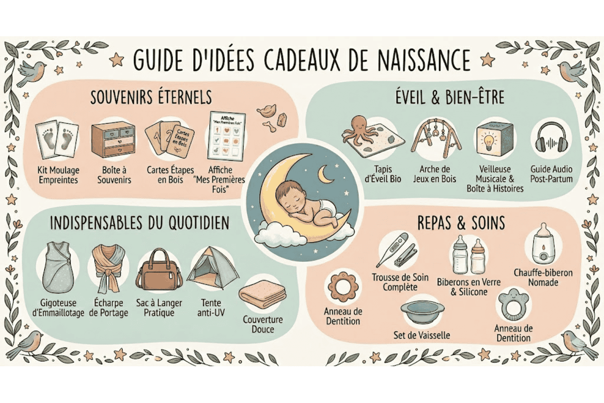Infographie guide idées cadeaux de naissance souvenirs éveil quotidien repas soins bébé lune étoiles illustrations