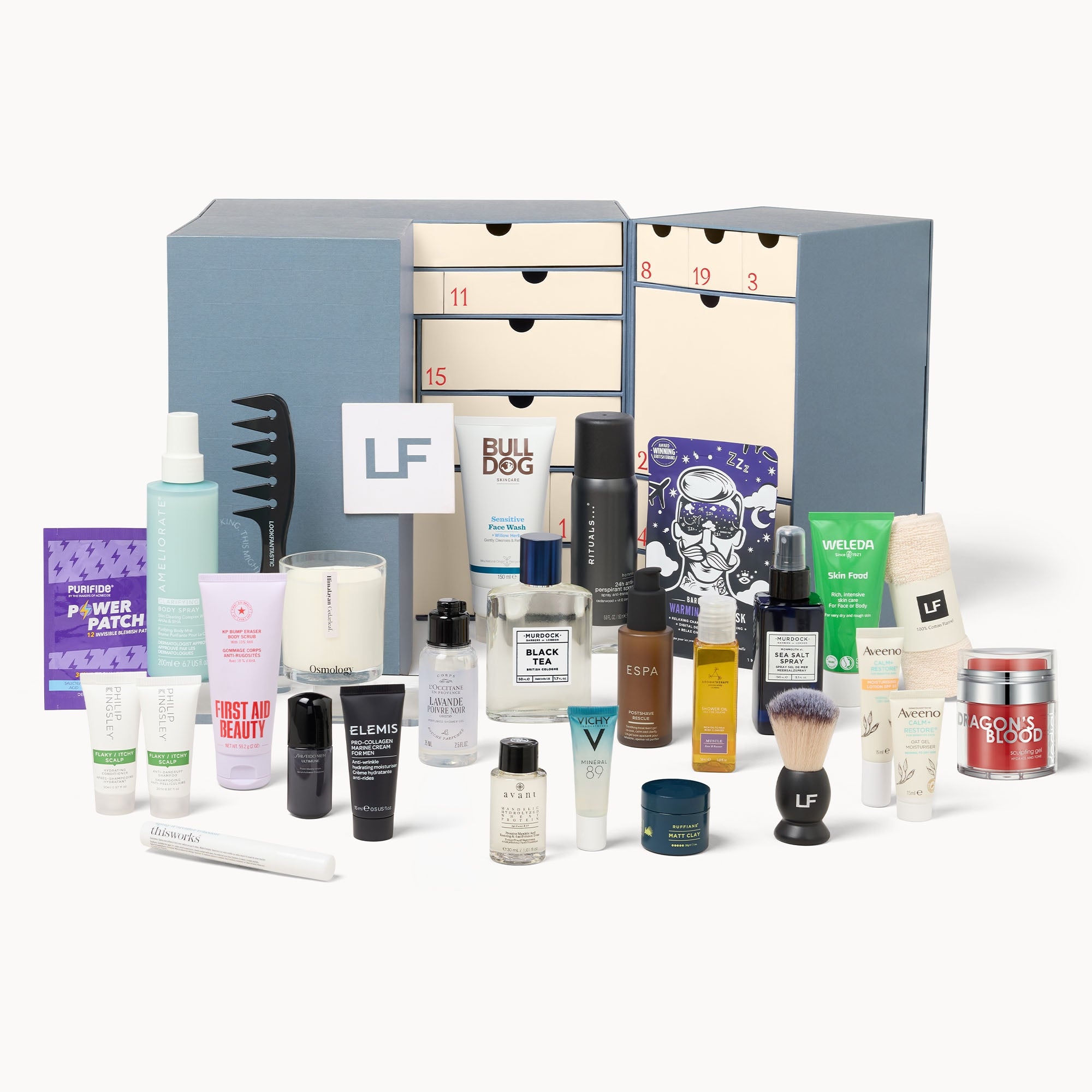 Calendrier de l'Avent Homme Lookfantastic 2026 avec 25 cases et des soins ESPA Shiseido Rituals Elemis Murdock London