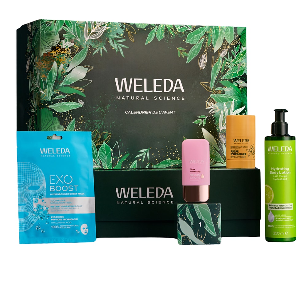 Calendrier de l’Avent Weleda 2026 vert avec plusieurs soins en grands formats