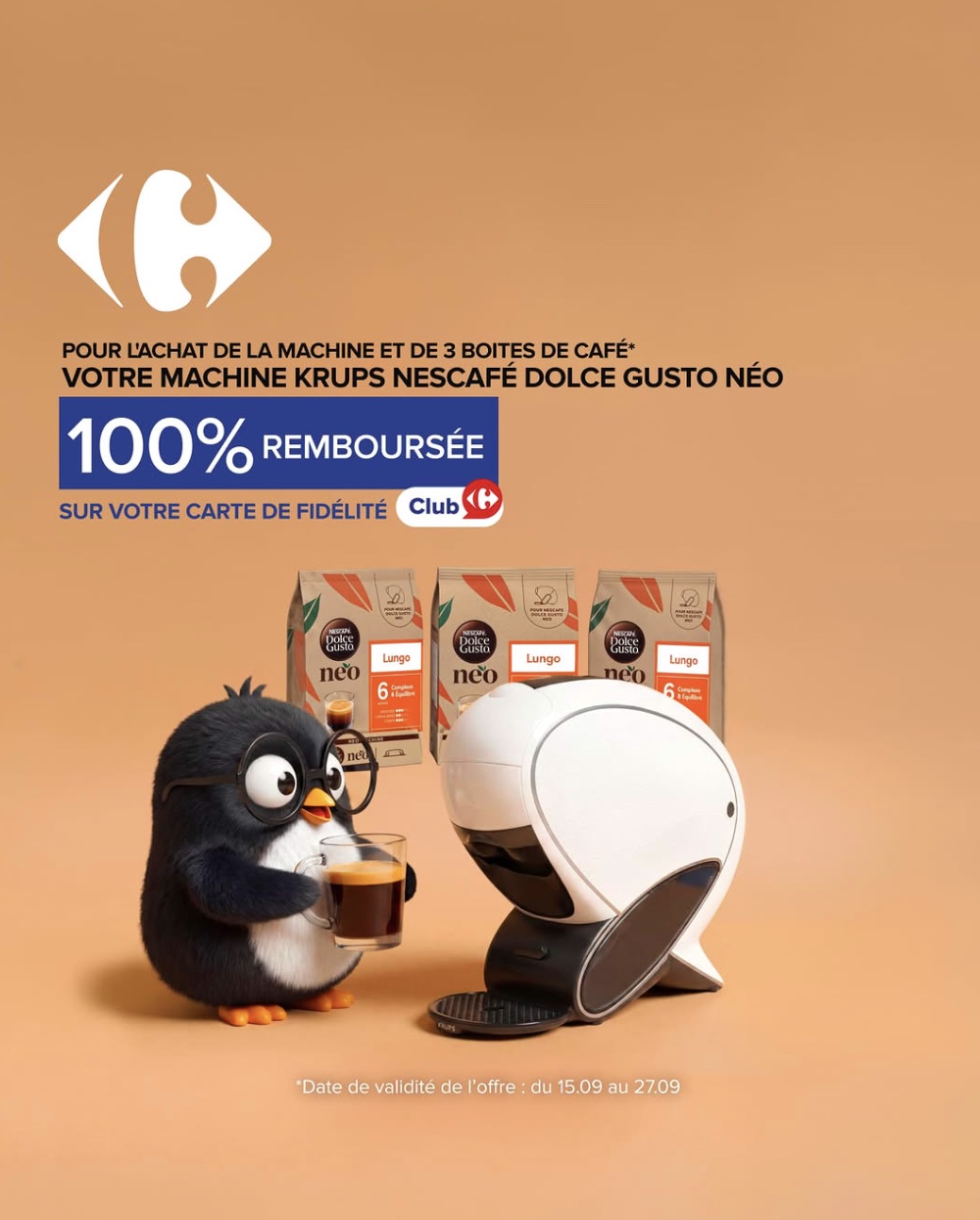 Carrefour machine Krups Nescafé Dolce Gusto NEO remboursée à 100 pour cent sur la carte de fidélité