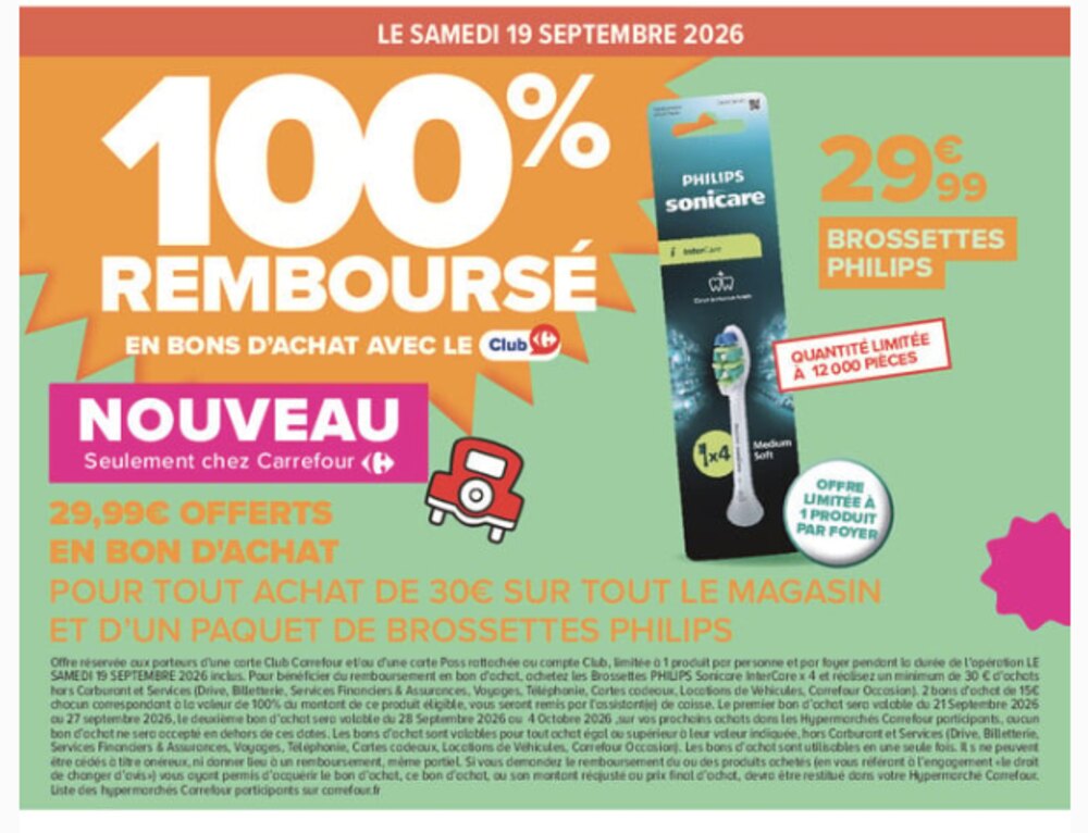 Carrefour paquet de quatre brossettes Philips Sonicare InterCare remboursé en bons d'achat