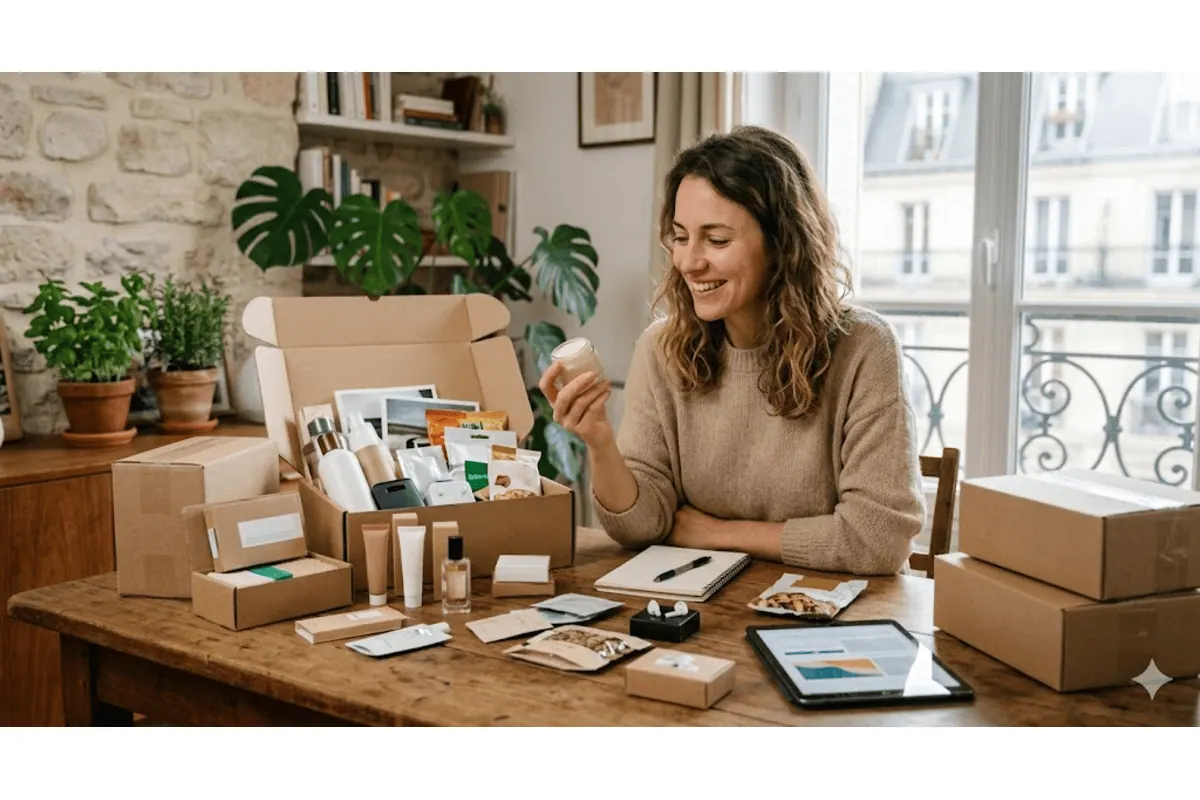 Consommatrice découvrant un colis de produits gratuits à tester chez elle en France