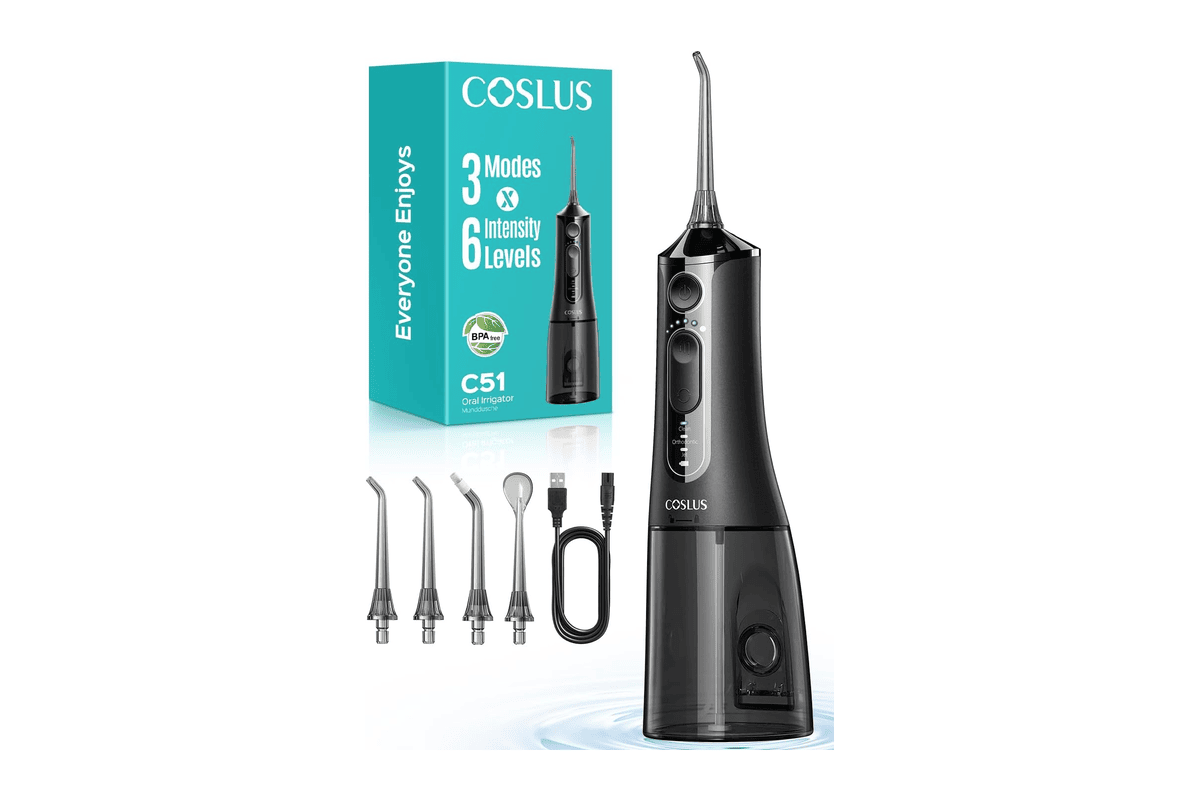 COSLUS C51 jet dentaire hydropulseur portable noir brillant avec 6 buses interchangeables 3 modes 18 niveaux orthodontie appareil dentaire