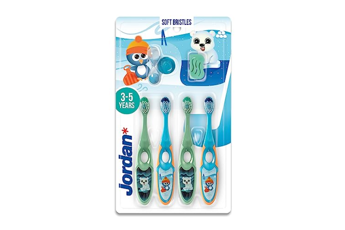 Jordan Step 2 brosse dents enfants 3-5 ans poils souples double poignee ergonomique pack 4 bleu vert
