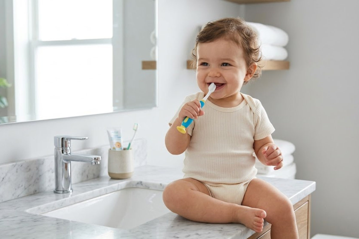 Bebe sourit sur lavabo salle de bain claire tient brosse a dents jaune bleue premier brossage