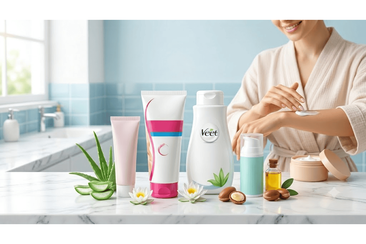 Crèmes dépilatoires Veet et tubes sur plan de travail marbre salle de bain, aloe vera et huile d'argan, femme test sur bras