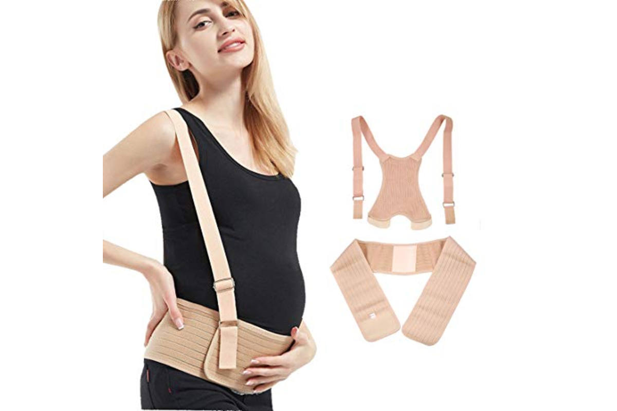 Aigori Ceinture grossesse avec bretelles reglables soutien lombaire abdominal 3D sandwich air maillage beige
