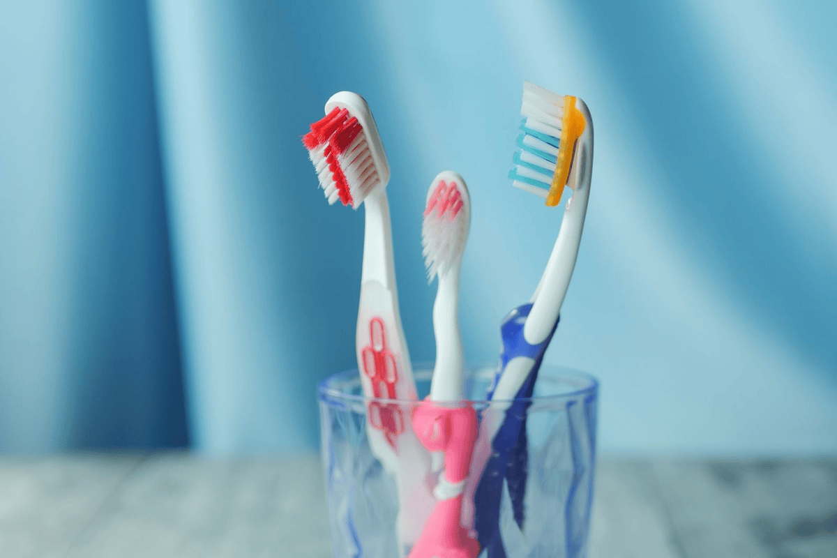 Femme souriante brune tenant un dentifrice Elmex et une brosse à dents en bambou dans salle de bain lumineuse aux plantes vertes