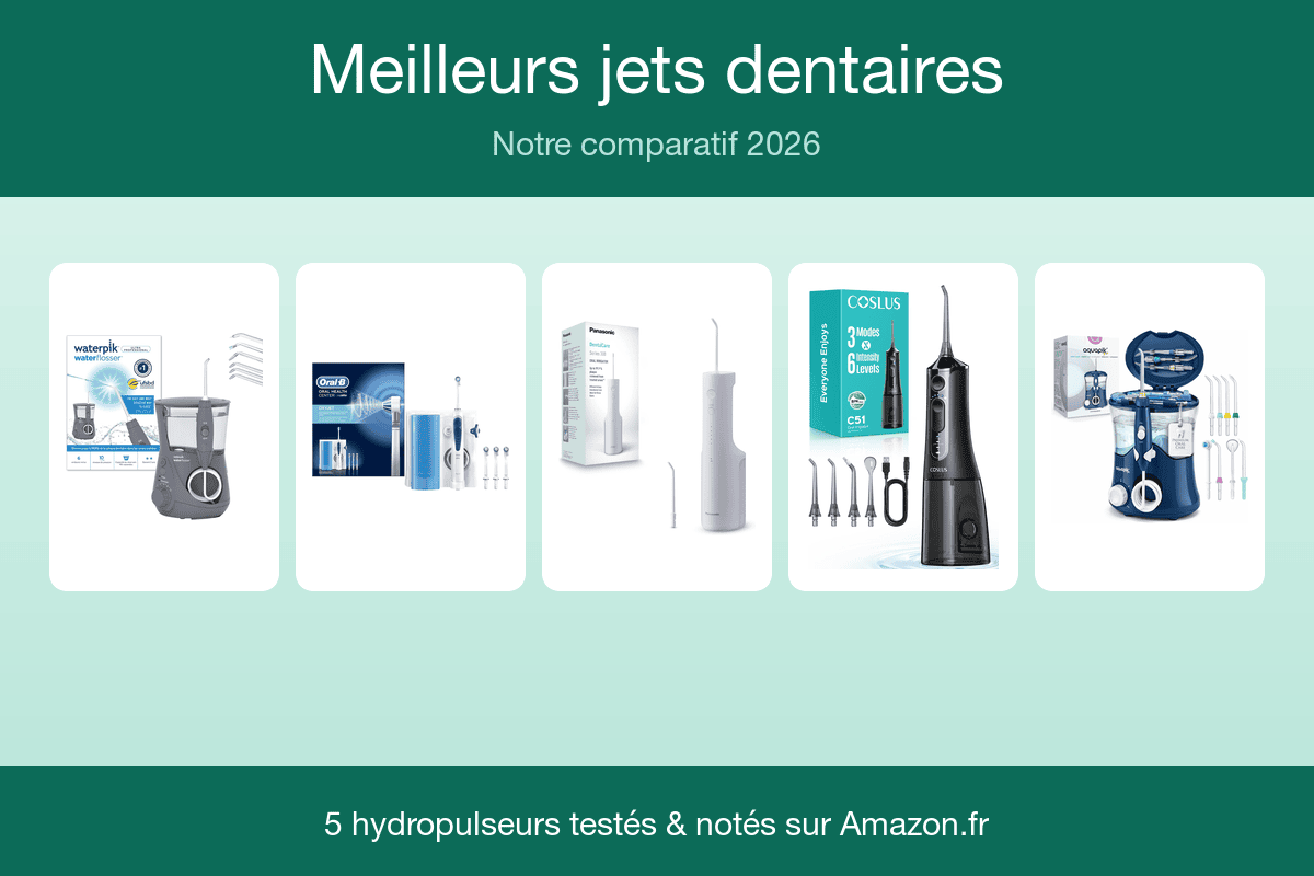 Comparatif meilleurs jets dentaires hydropulseurs 2026 Waterpik Oral-B Panasonic COSLUS Aquapik sur fond vert menthe