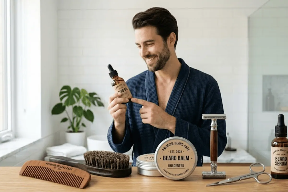 Homme barbu applique huile a barbe rituel soin salle de bain baume peigne ciseaux