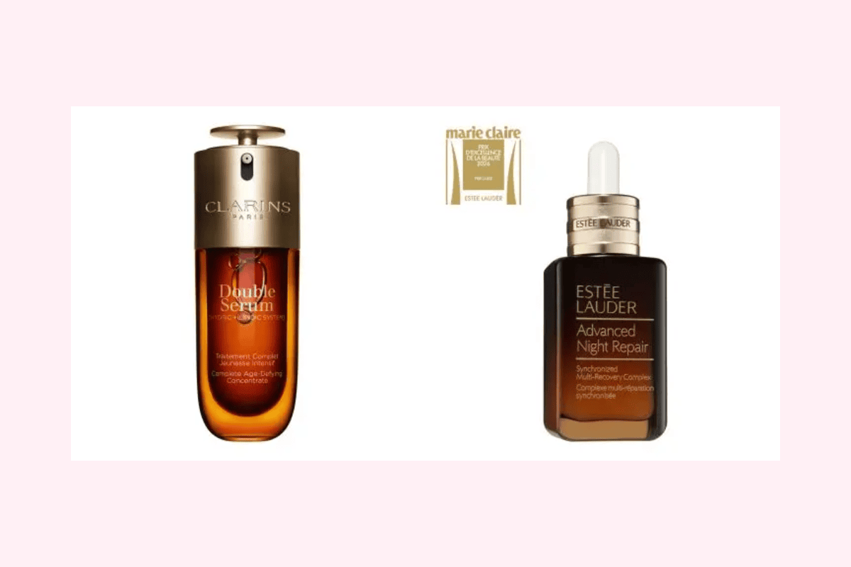 Comparatif des 5 meilleurs sérums anti-âge visage 2026 Caudalie Premier Cru Clarins Double Serum Estée Lauder Advanced Night Repair Typology Rétinol Vichy Liftactiv - visuel Clarins Double Serum et Estée Lauder Advanced Night Repair