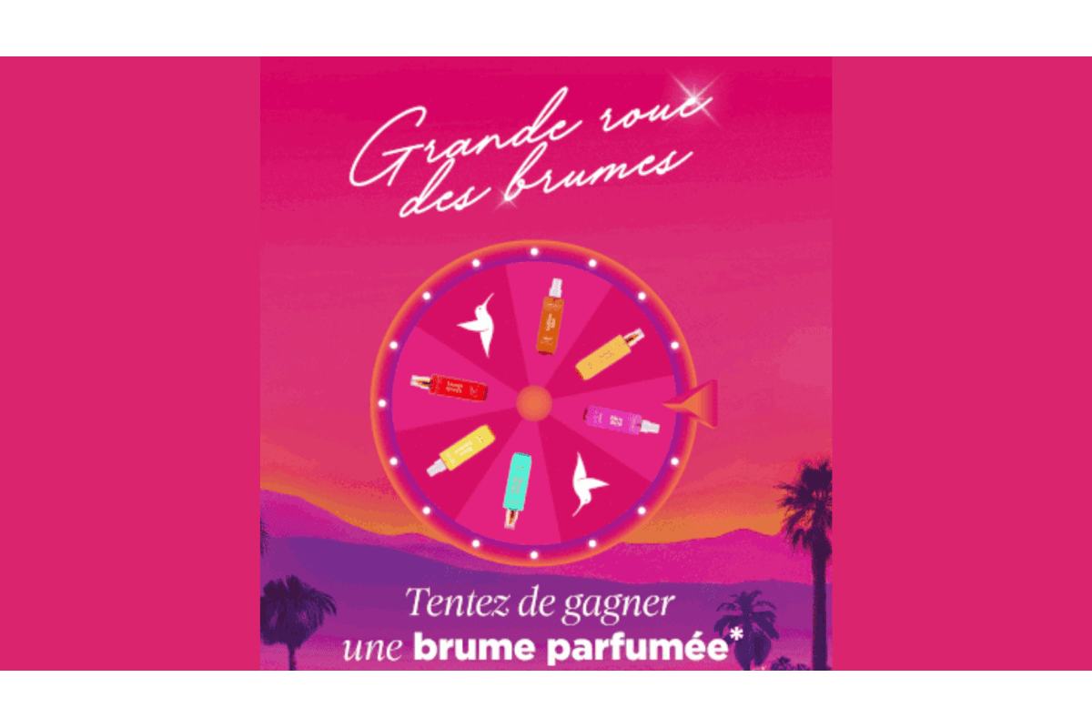 Visuel officiel Adopt Parfums Grande Roue des Brumes : roue rose et orange avec brumes parfumées Adopt à gagner sur fond de coucher de soleil tropical et palmiers