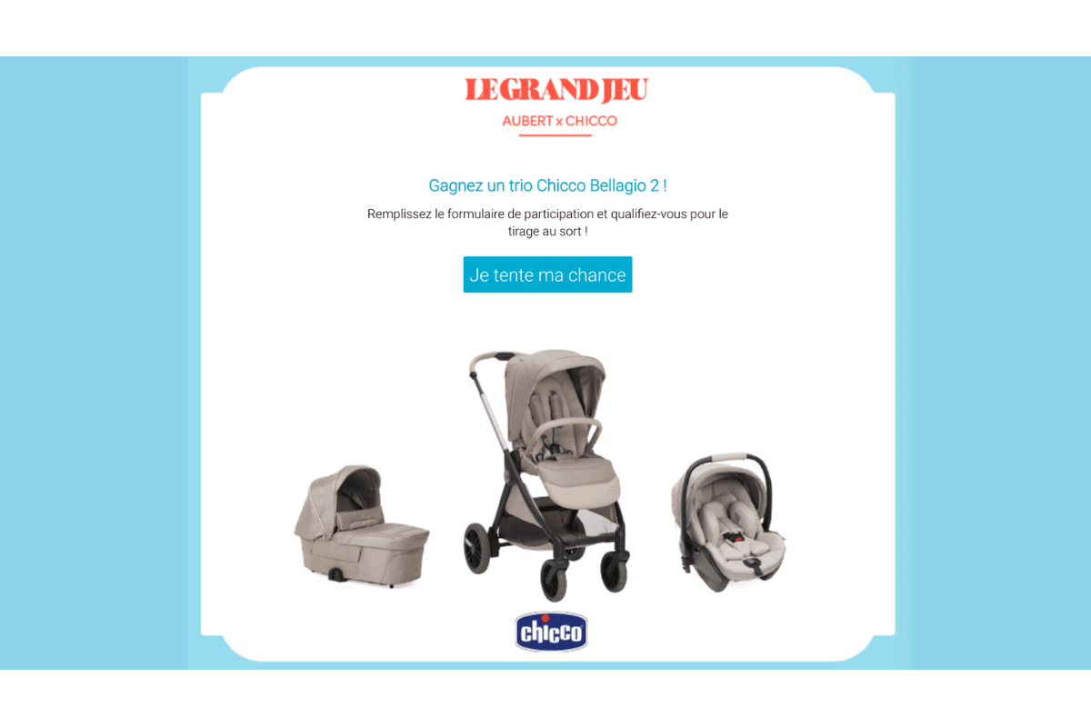 Concours Aubert x Chicco trio Bellagio 2 Como Lake poussette nacelle siège auto puériculture bébé valeur 849 euros gratuit juillet 2026