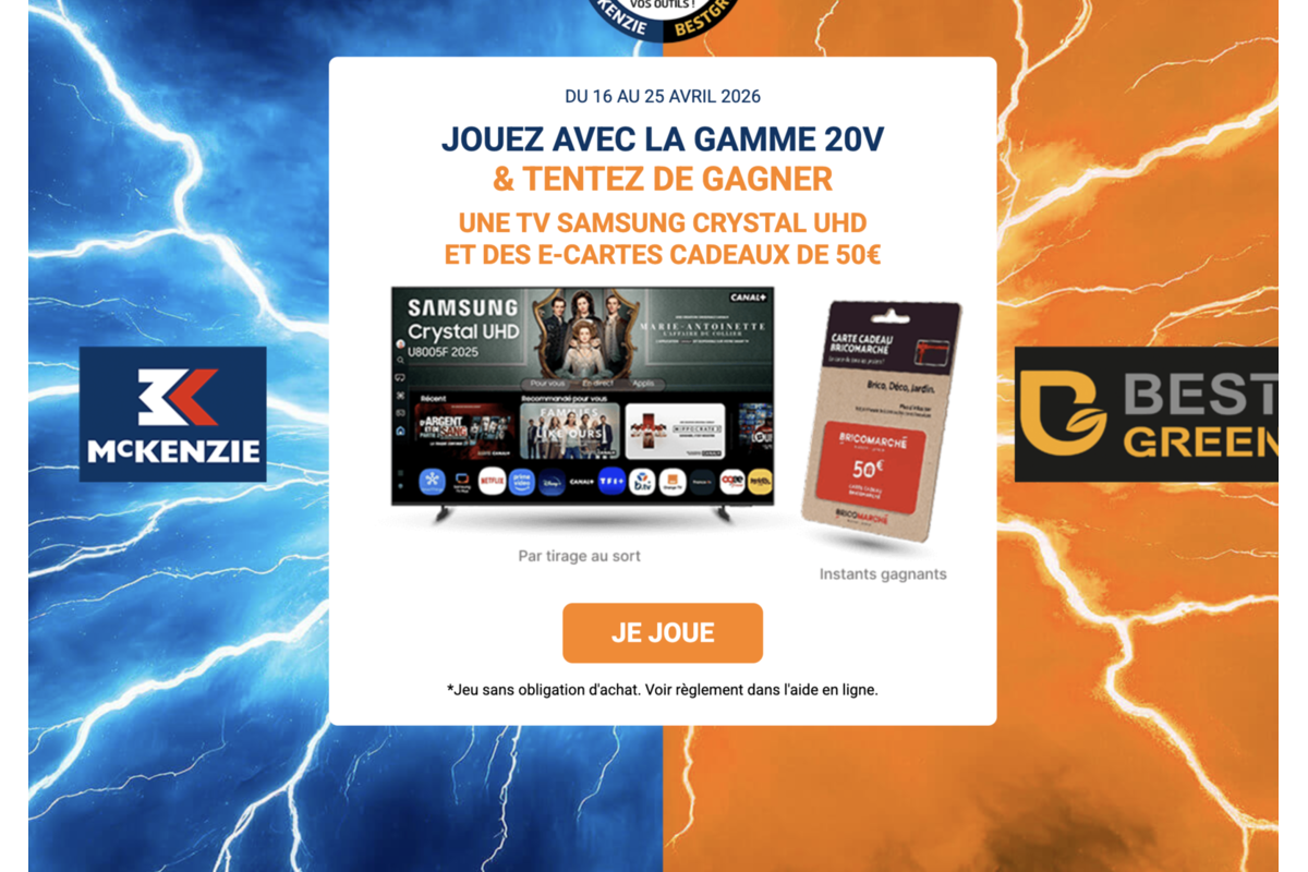 Jeu concours Bricomarché McKenzie gamme 20V avec TV Samsung et e-cartes cadeaux 50€