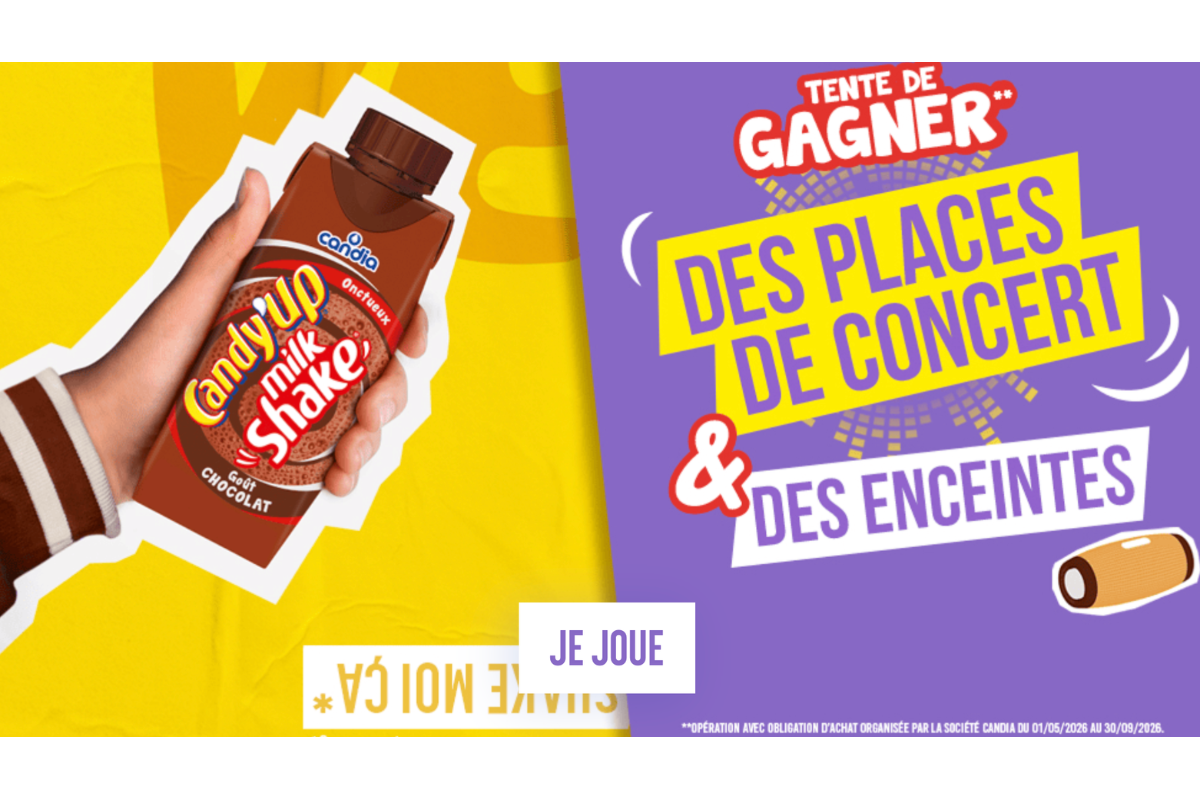 Concours Candia Candy Up Milkshake instant gagnant 25 cartes Ticketmaster 150 euros 100 enceintes JBL Grip mai 2026