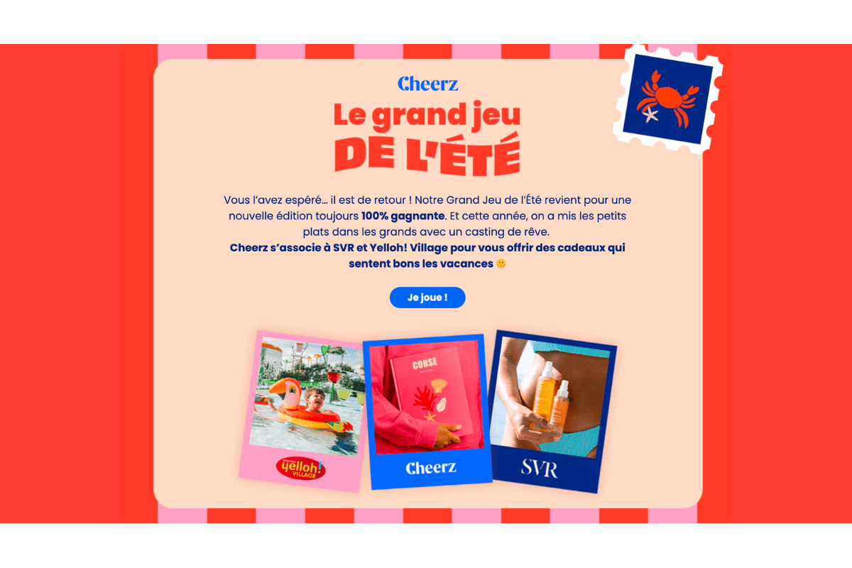 Grand Jeu de l'Été Cheerz 100 pourcent gagnant concours instant gagnant partenariat SVR Yelloh Village album voyage papier satiné Sun Secure SPF50 séjour 7 nuits cottage du 4 au 19 juillet 2026