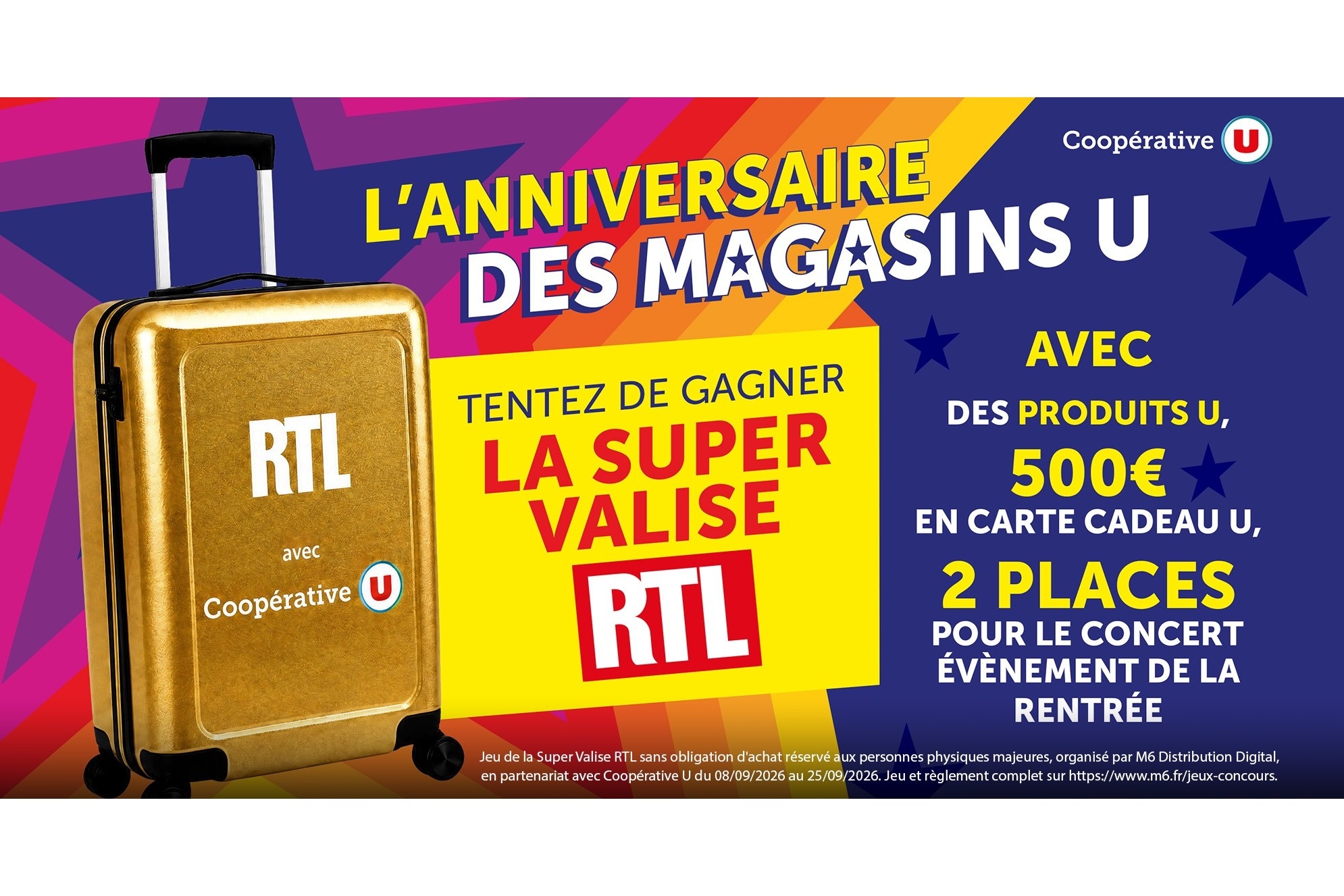 Super Valise RTL dorée du concours Coopérative U avec 500 euros et des places pour Céline Dion à gagner