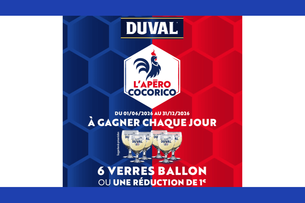 Concours Duval Apéro Cocorico 2026 6 verres ballon à gagner chaque jour fond bleu rouge coq français
