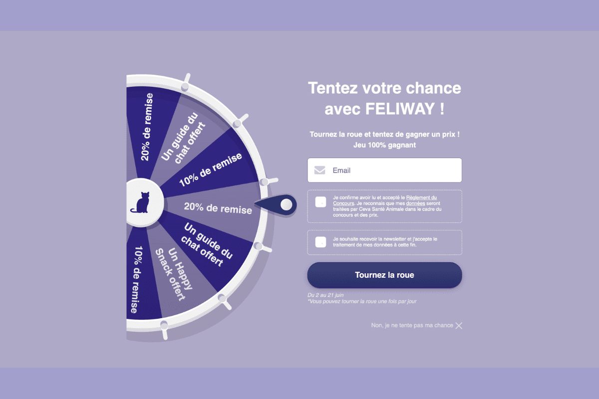 Concours Feliway Adaptil Ceva roue de la fortune virtuelle 100% gagnant chat chien juin 2026 remises produits apaisants