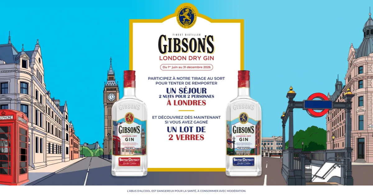 Jeu Gibson's British District avec séjour à Londres et lots de deux verres à gagner