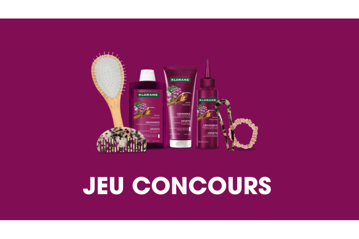 Concours Klorane x Bachca : gamme Croissance Quinine (shampooing, après-shampooing, sérum), brosse Bachca, peigne, chouchou et pic à chignon sur fond violet