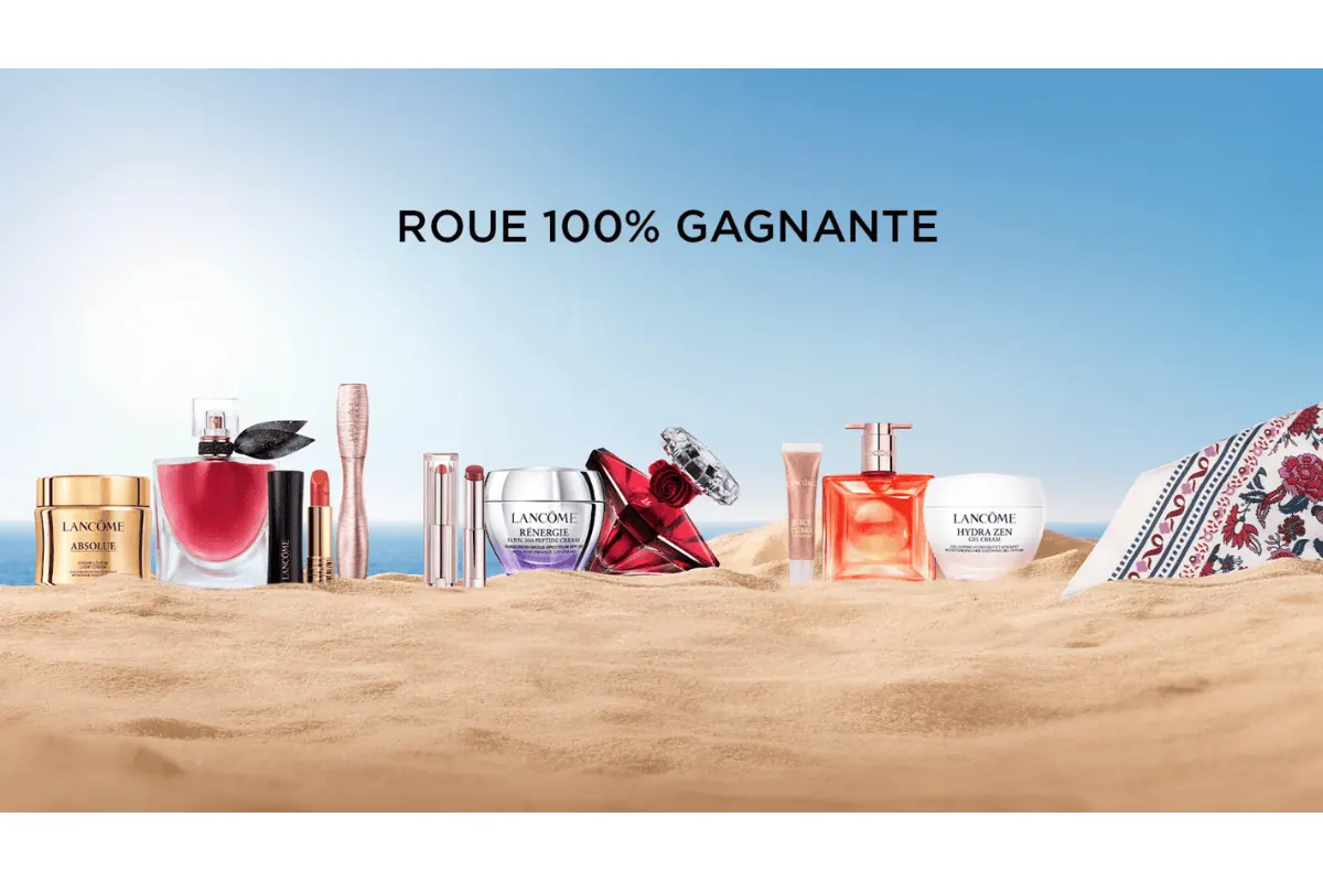 Concours Lancôme Roue 100 pourcent gagnante été 2026 produits sur plage La Vie Est Belle Absolue Crème Rénergie H.P.N. Peptide La Nuit Trésor Rouge Drama Idôle Peach'n Roses Hydra Zen bandeau exclusif juillet août