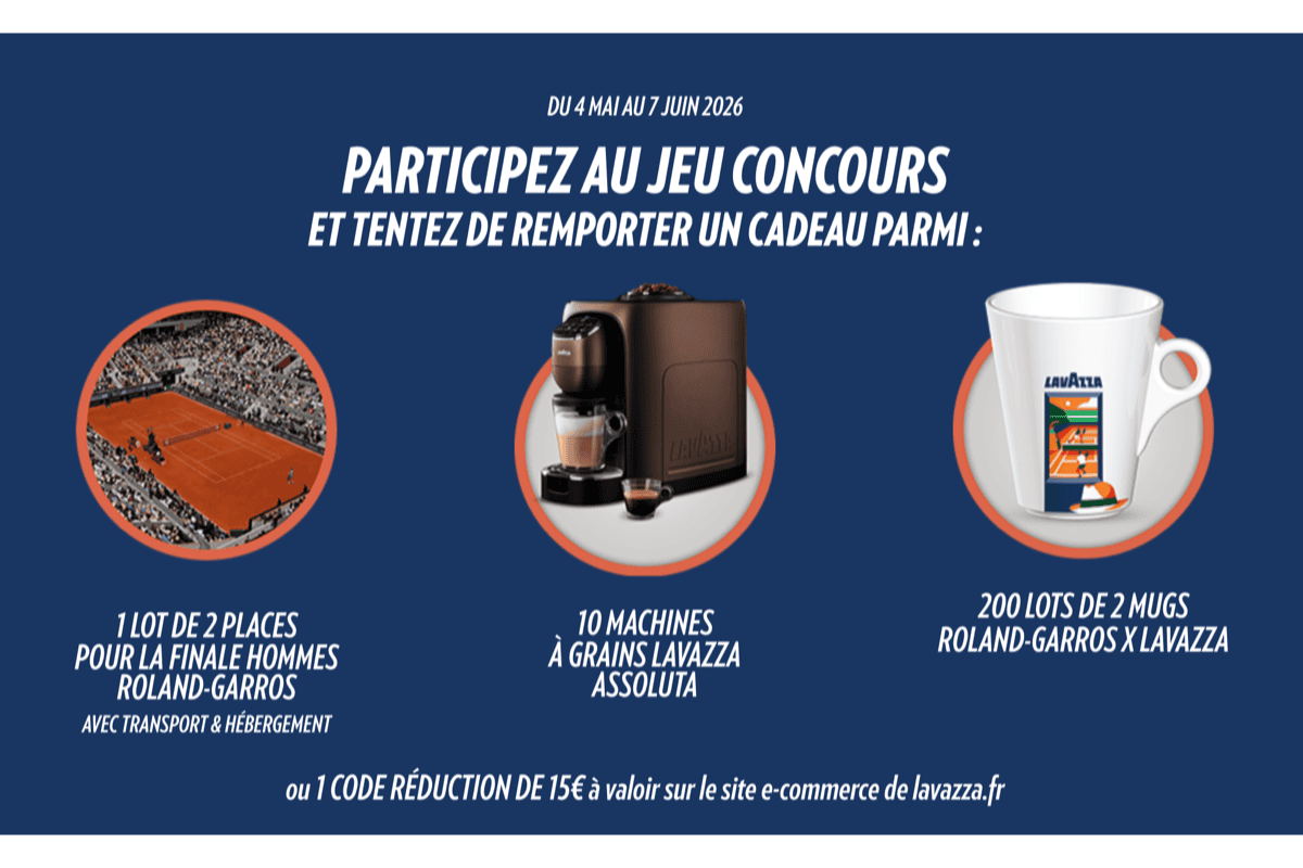 Concours Lavazza Roland-Garros 2026 machines Assoluta 599 euros mugs 50 euros 15 euros offerts 100 pourcent gagnant instants gagnants juin 2026