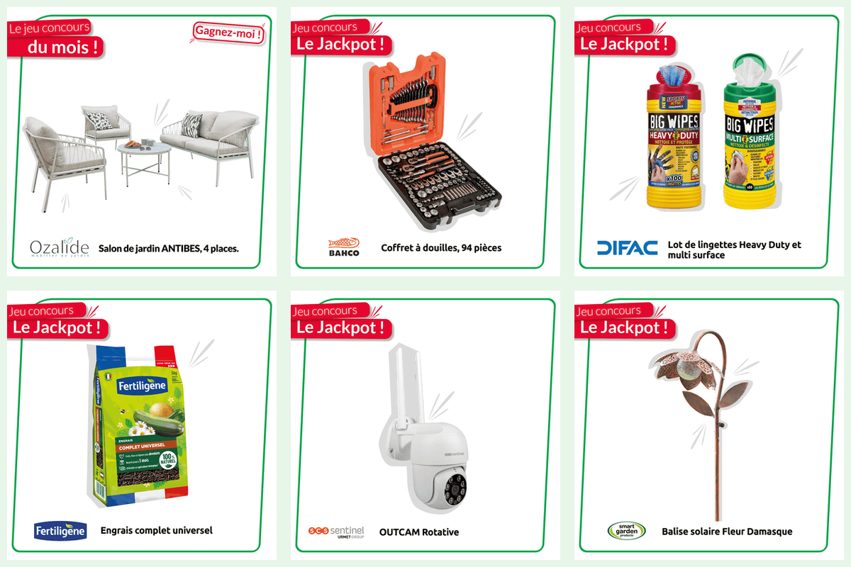 Concours Le Club Bricolage Les Briconautes juin 2026 7 lots salon jardin Antibes Ozalide coffret Bahco caméra Sentinel Fertiligène balise solaire