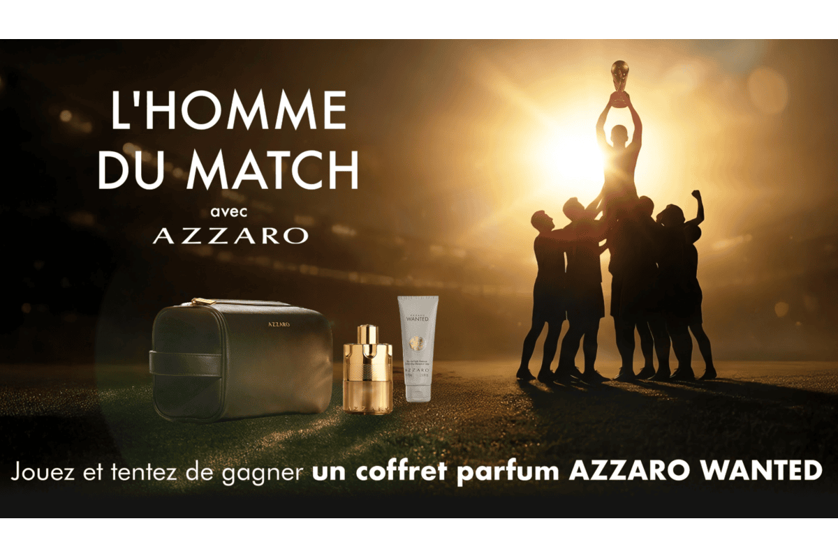 Visuel concours M6 × Azzaro L'Homme du Match : silhouettes de footballeurs célébrant un trophée avec coffret parfum Azzaro Wanted (trousse, parfum, gel douche) en avant-plan