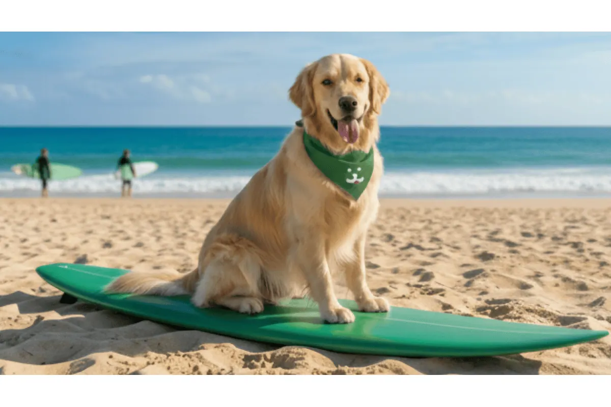 Concours Maxi Zoo Carte Postale golden retriever bandana vert sauge assis sur planche de surf verte plage de sable fin océan turquoise surfeurs ambiance vacances été tirage au sort